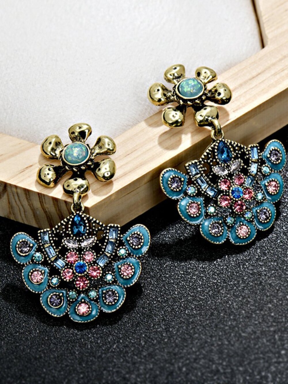 Vintage Boho Blue Enamel Gemstone Drop Earrings